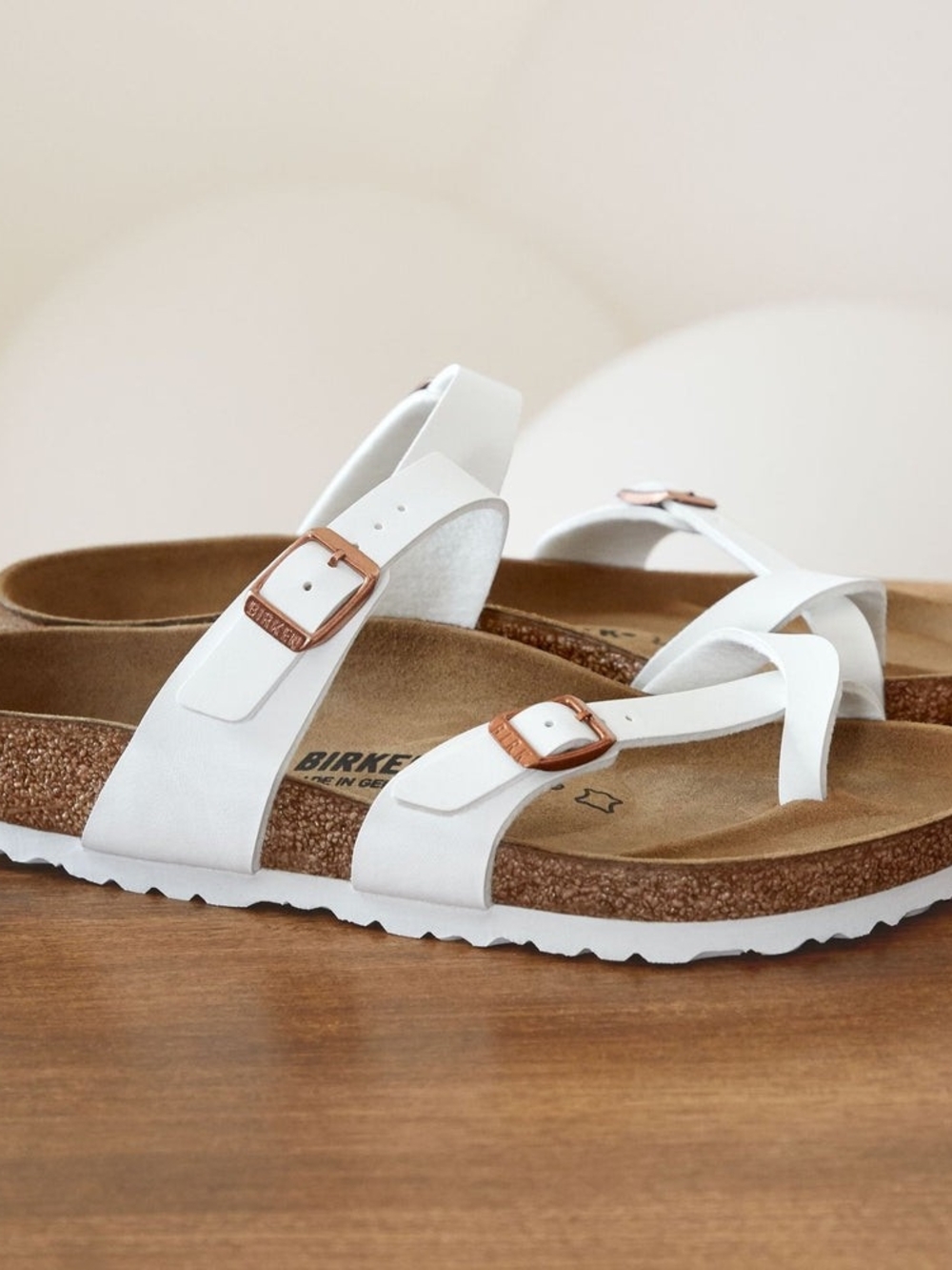 Birkenstock Mayari Women’s White Two-Strap Sandals with Rose Gold Buckles - Picture 4 of 11